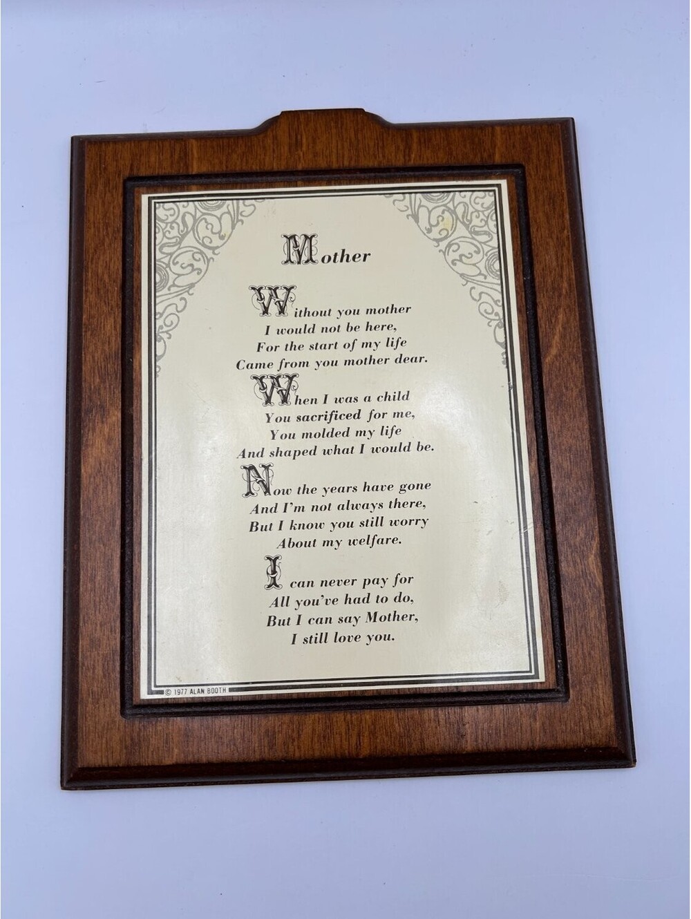 Vintage A Booth Co Mother Poem Wood Wall Plaque 1977 Alan Toronto Brown 1970s